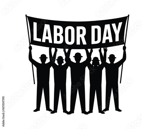 Crowd of workers holding Labor Day banner silhouette isolated in black and white vector illustration