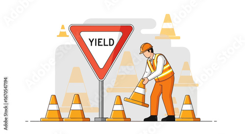 Road Worker Arranging Traffic Cones with Yield Sign on Roadside Illustration