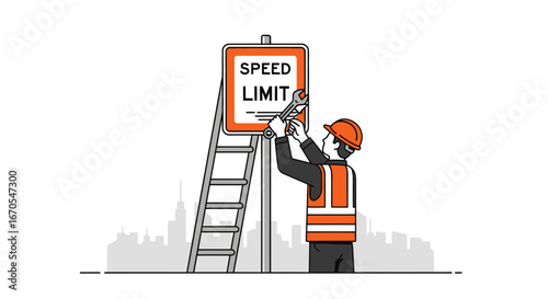 Road Worker Repairing Speed Limit Sign in Cityscape Illustration