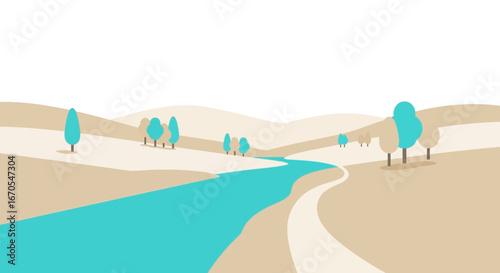 Serene River Valley With Simple Trees And Rolling Hills Illustration