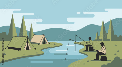 Serene Riverbank Camping Scene With Fishermen And Tent Pitches Landscape