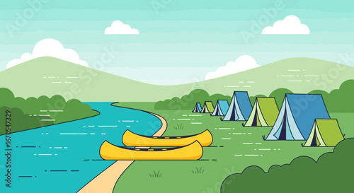 Serene Riverbank Adventure: Canoes Tents and Mountain Scenery in Summertime
