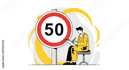 Roadside Assessment Man Inspecting Speed Limit Signage And Taking Notes