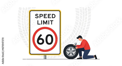 Roadside Assistance Changing Tire Under Speed Limit Sign Vector Illustration