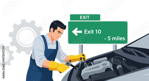 Roadside Assistance Mechanic Inspecting Car Engine Near Highway Exit