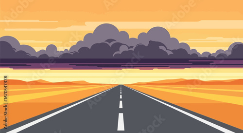Serene road trip with an open road leading to distant horizon and dramatic sky