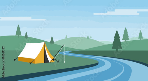 Serene Riverside Camping Scene With Fishing Rod In The Countryside Scenery