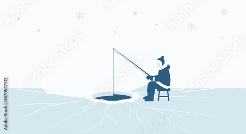 Serene Scene Of Winter Fishing On Frozen Lake Minimalist Illustration