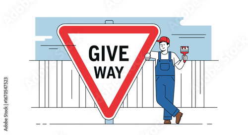 Roadwork Safety Worker With Give Way Sign And Paintbrush At Construction Site