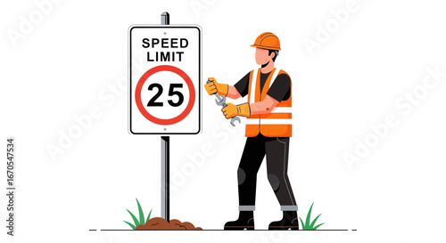 Roadwork Safety Compliance Worker Inspecting Speed Limit Signage Standards