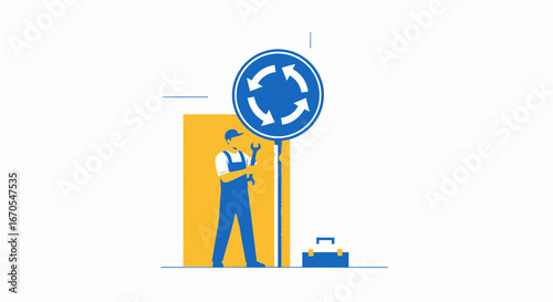 Roadwork Maintenance Worker Repairing Directional Signs On The Street Illustration