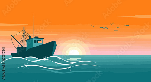 Serene seascape with fishing boat silhouette at sunset creating peaceful scene