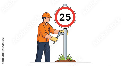 Roadwork Sign Installation Safety Worker with Wrench and Hard Hat