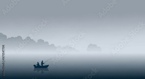 Serene Silhouette: Anglers Fishing in Tranquil Waters amidst Misty Mountains and Skies