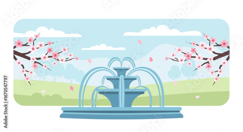 Serene Springtime Fountain Scene With Cherry Blossoms And Gentle Waterfall