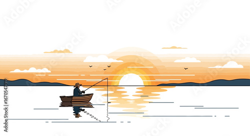 Serene sunset fishing scene featuring a fisherman in a boat on calm waters
