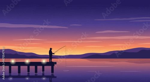 Serene Sunset Fishing Silhouette on the Pier Landscape Minimalistic Style