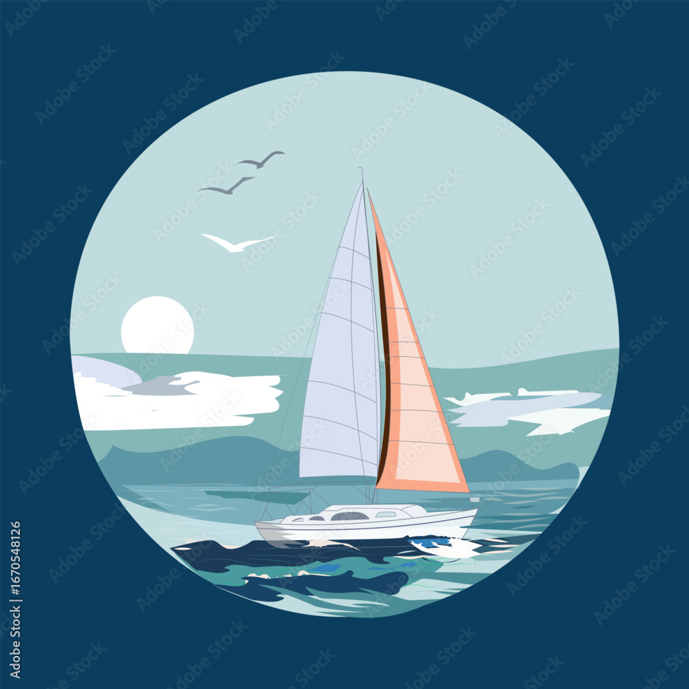 Obraz premium This circular illustration depicts a sailboat gracefully cruising on the water. The art style has a calm, tranquil feel, with gentle waves and a serene sky featuring the sun and seagulls. 