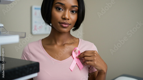 Woman holding pink ribbon for breast cancer awareness during routine health checkup at medical clinic support campaign prevention and early detection