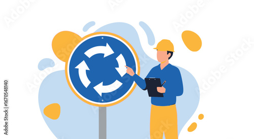 Safety Inspection Of A Traffic Roundabout By A Construction Site Supervisor