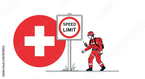 Safety Official Inspecting Speed Restriction Zone Represented In a Cartoon Illustration