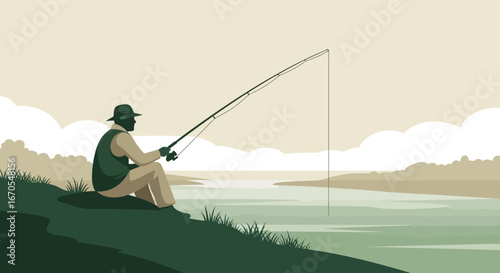 Serene vector illustration of a fisherman angling by the tranquil riverside landscape outdoors