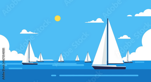 Sailboats Floating On The Ocean With Clear Skies And Sparse Cloudscape