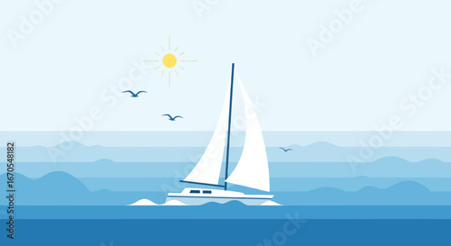 Sailboat On The Ocean Under The Sun For Summer And Vacations