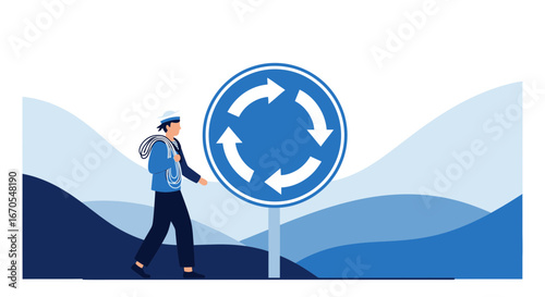 Sailor Near A Roundabout Road Sign Represents Circularity And Navigation