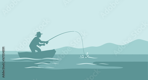 Serene vector illustration of a fisherman in a boat, catching a fish in a calm lake with mountains
