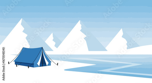 Serene winter camping scene with blue tent and snow-capped mountains landscape
