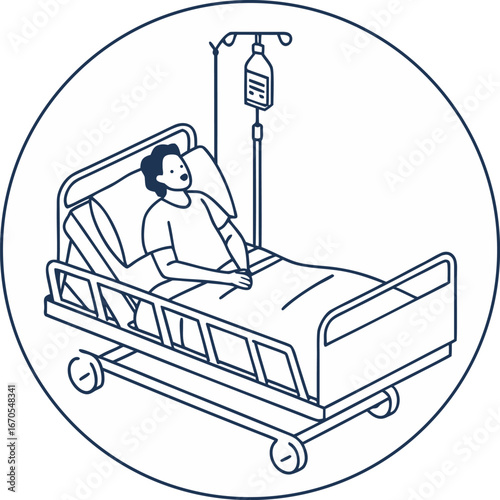 Patient hospital bed with iv drip and person lying down inside a circle