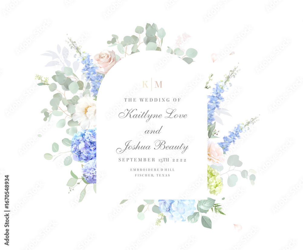 Obraz premium Bridgerton inspired pastel floral vector design frame. Blue delphinium, hydrangea, white peony, eucalyptus, rose, hyacinth, greenery and plants card. All flowers and branches are isolated and movable