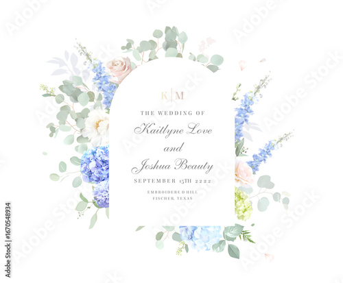 Bridgerton inspired pastel floral vector design frame. Blue delphinium, hydrangea, white peony, eucalyptus, rose, hyacinth, greenery and plants card. All flowers and branches are isolated and movable