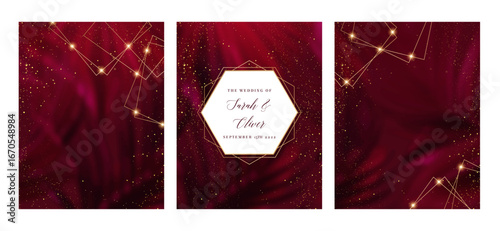 Classic magenta tropical forest foliage vector background. Dark palm leaves wedding invitation. Exotic tree card texture. Starring sky art. Wine save the date. Elegant outdoor party template garland