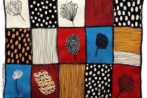 Abstract textile design with red, black, blue, and gold squares. Geometric patterns include polka dots, stripes, and stylized leaves. The design is