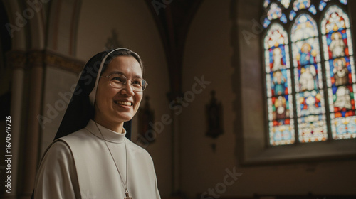 Smiling nun in traditional habit inside church with stained glass window and religious atmosphere for faith, spirituality and devotion in a peaceful sacred space