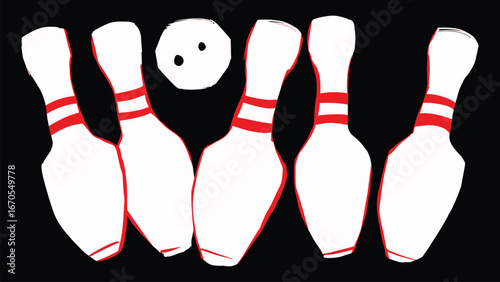 Vector bowling illustration with red-striped white pins and ball on black background. Sporty dynamic composition with strong contrast.