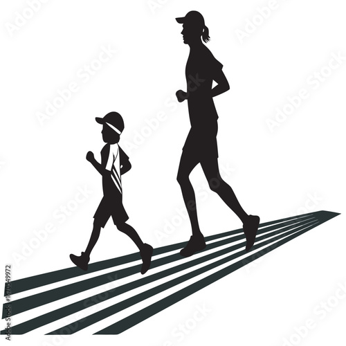 Silhouette of parent and child running together on a track for fitness and family fun