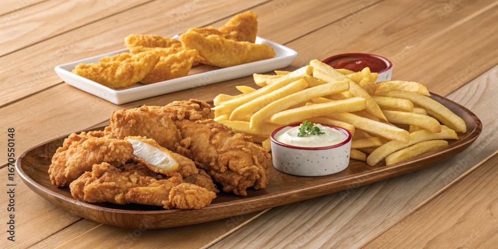 Naklejka premium Crispy Chicken Tenders and Fries Platter Wooden Tray, Golden-Brown Food, Delicious Meal, Fast Food Fast Food, Chicken Tenders