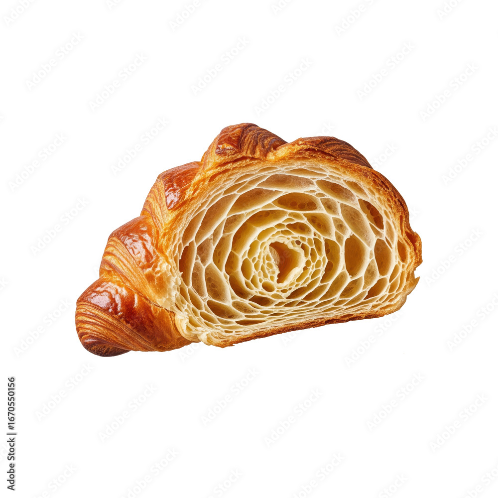 Fototapeta premium A close up of a sliced croissant showing the interior layers on a transparent background