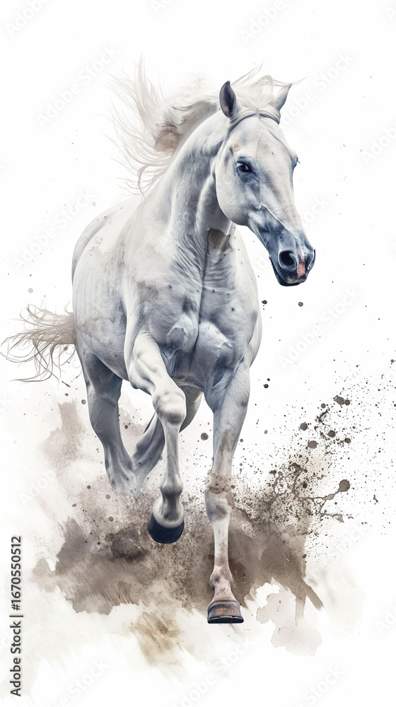 Obraz premium White Horse Running Galloping with Dust Illustration Style