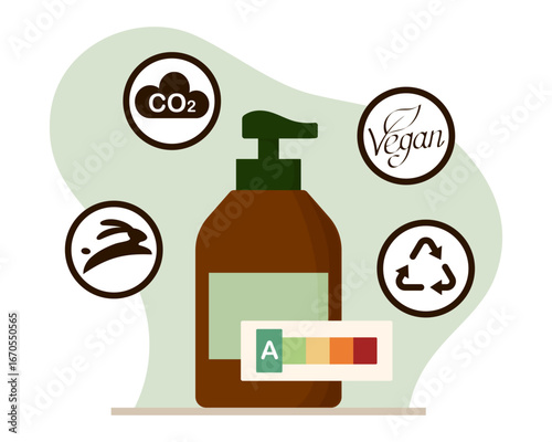 Skincare pump bottle with eco labels - vegan, cruelty free, recycle, CO2 and A-grade eco-score rating bar. Flat illustration for natural, sustainable beauty and product labeling