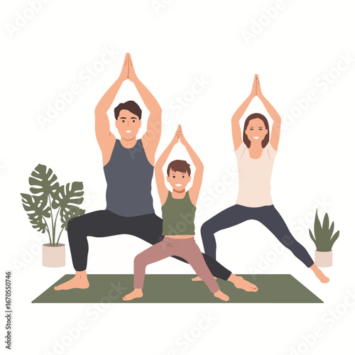 A family of three practices yoga together indoors on a mat with plants in the background at home