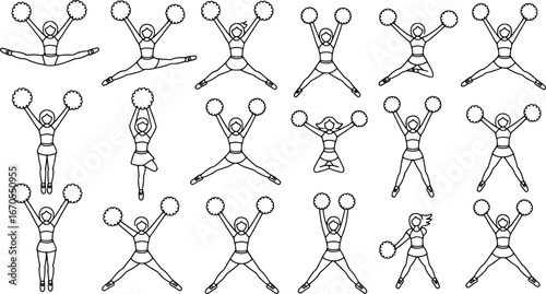 Collection of cheerleaders performing various dynamic poses with pom poms