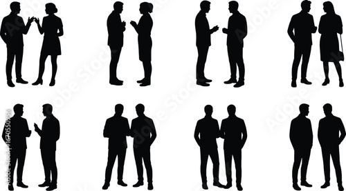 Silhouettes of people talking and interacting in pairs