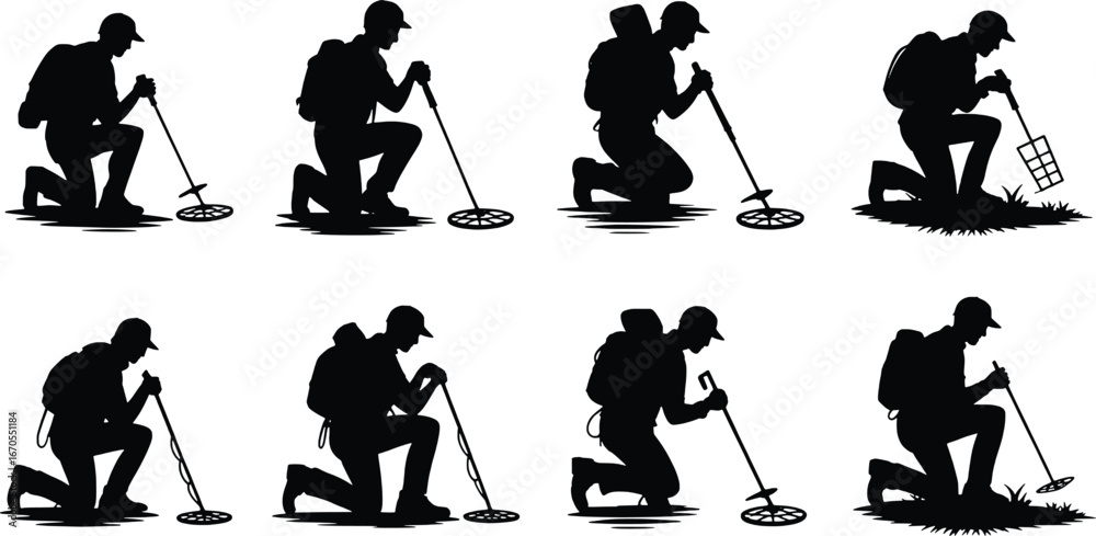 Obraz premium Silhouette of a person metal detecting in various poses
