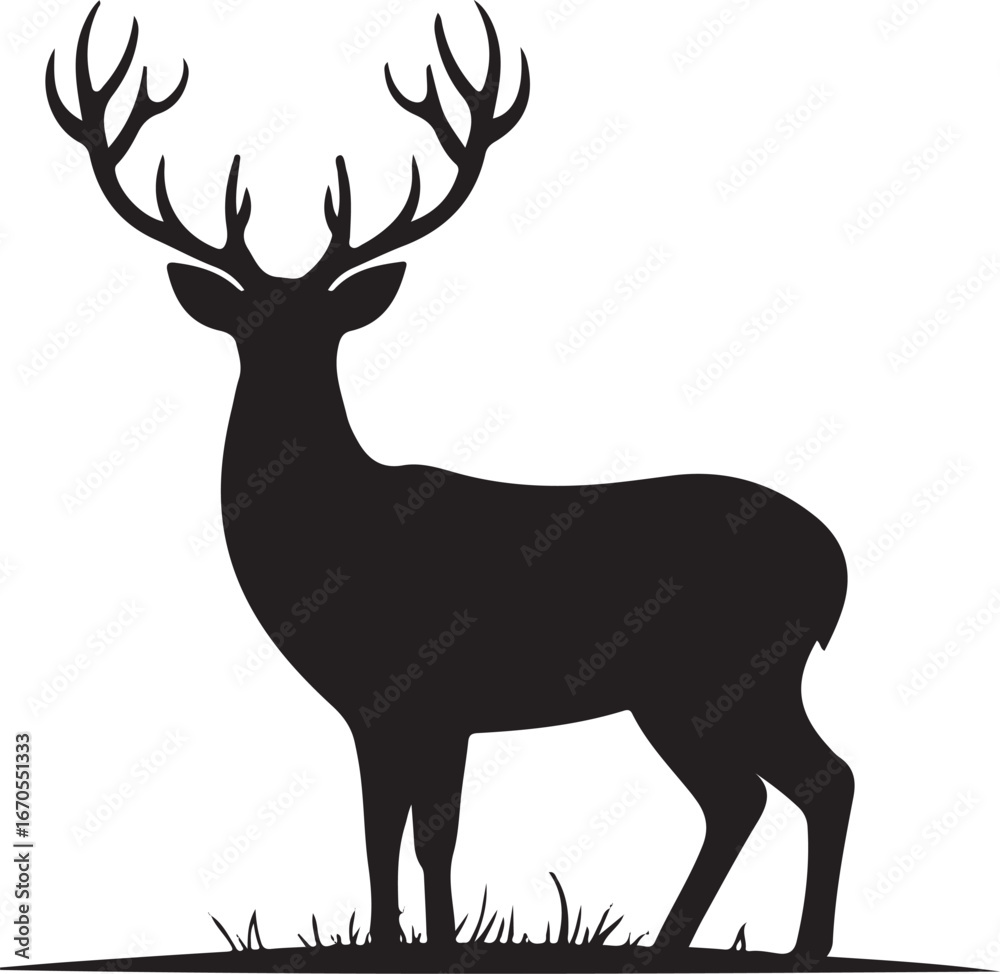 Obraz premium Silhouette Vector of Deer with Antlers and Forest Outline on White Background