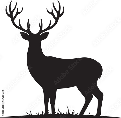Silhouette Vector of Deer with Antlers and Forest Outline on White Background