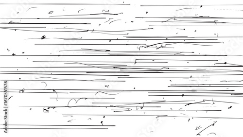 Vector texture of thin black sketchy lines stretched horizontally across white background, resembling speed, motion or static effect.